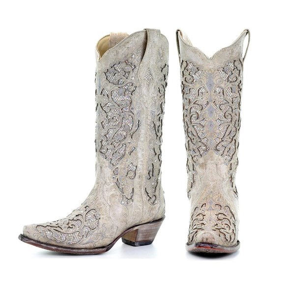 Corral Shoes - CORRAL🌺White Swarovski Glitter Inlay Leather Western Cowboy Boots Sz 9